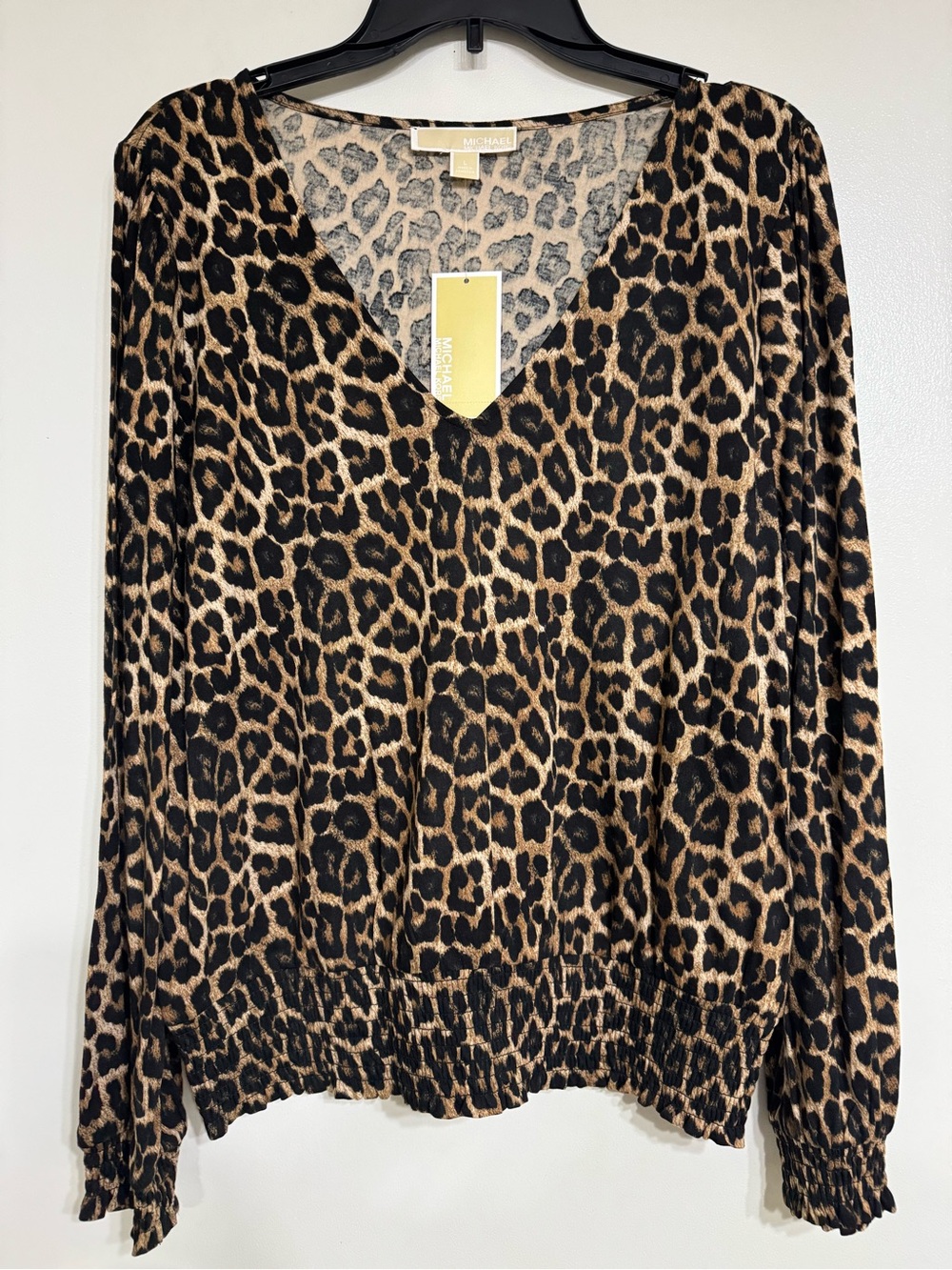 Michael Kors Leopard Print V-Neck Long Sleeve Blouse - Tan/Black